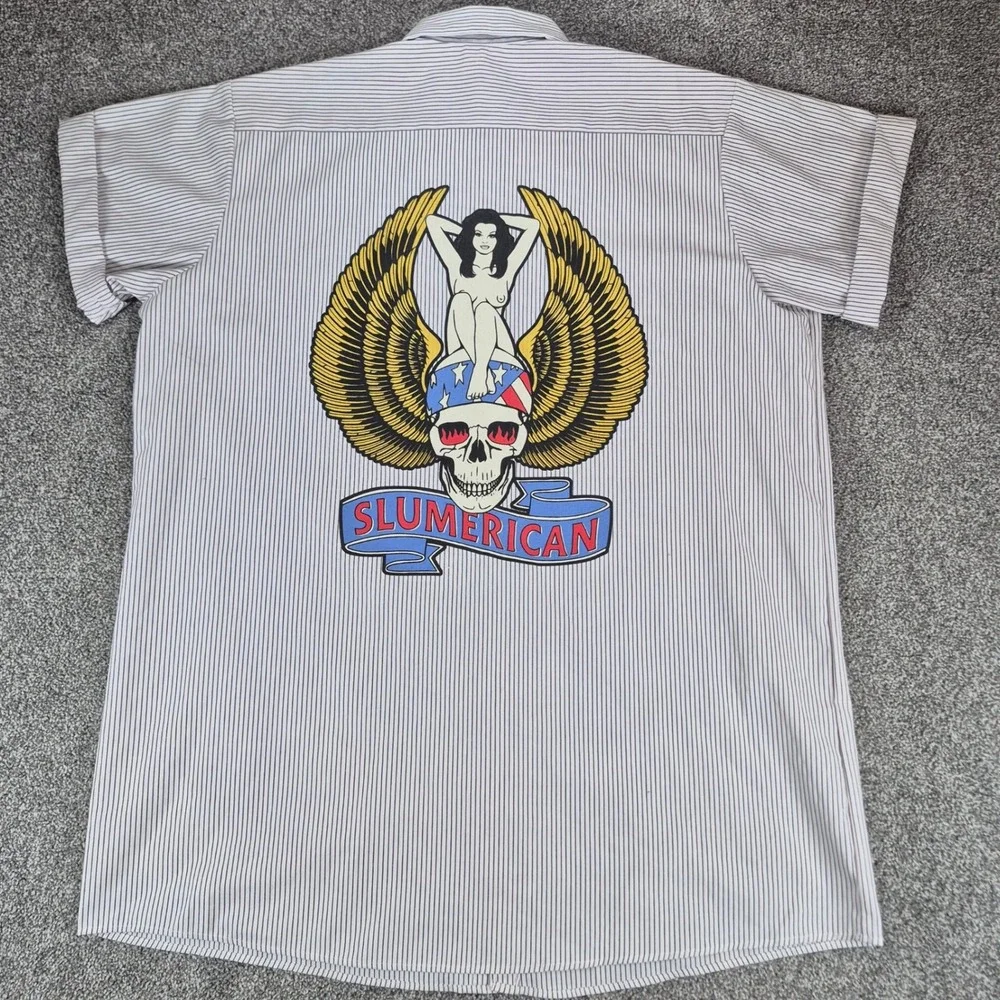 Yelawolf Slumerican Shirt‎ Mens 2X Skull Pinup Mechanic Pinstripe Button Up